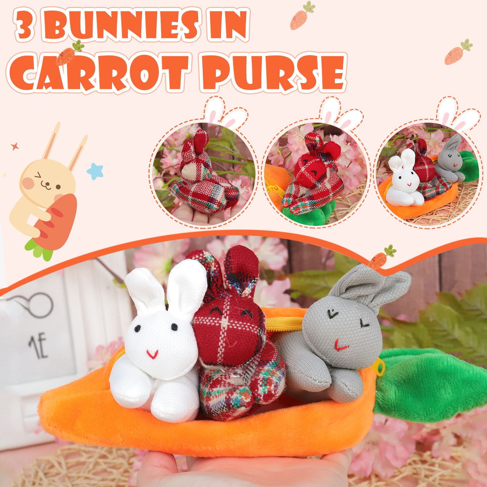 Manfiter Plush Bunny Toys in Carrot Pouch, Three Bunnies in A Carrot Purse, Unzip The Rabbit Doll Toy 3 Bunnies in Carrot Purse, Cute Easter Bunny