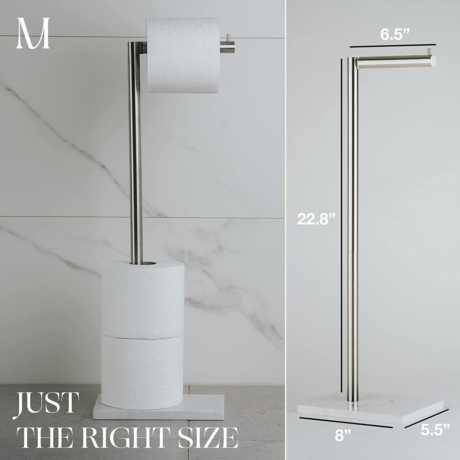 Marmolux Acc Brushed Nickel Toilet Paper Holder Free Standing with White Marble Base Storage