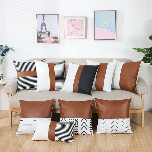 Boho Throw Pillow Covers, Modern Geometric Farmhouse Pillowcases Black and White Faux Leather and Linen Cushion Case for Home Couch Decor,18 x 18inch