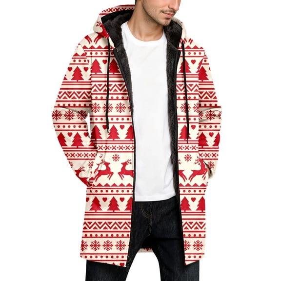 Men Christmas Snowflakes Christmas Coat Cape Lined Cardigan Jacket Trench Coat Men Red L