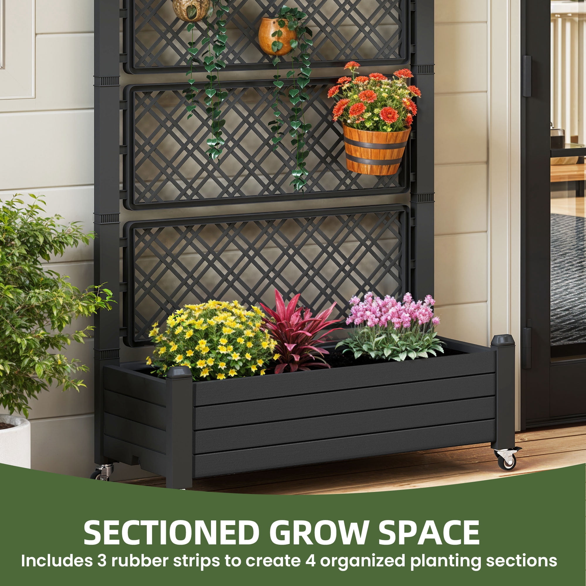 Uforic 3.6 x 1.5 x 5 FT Raised Garden Bed with Trellis, Large Outdoor Planter Box on Wheels for Patio, Black for Climbing Plants Vegetables