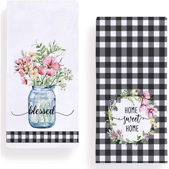 Buffalo Plaid Flowers Kitchen Dish Towels, 18 x 26 Inch Blessed Sweet Home Spring Summer Floral Tea Towels Dish Cloth for Cooking Baking Set of 2