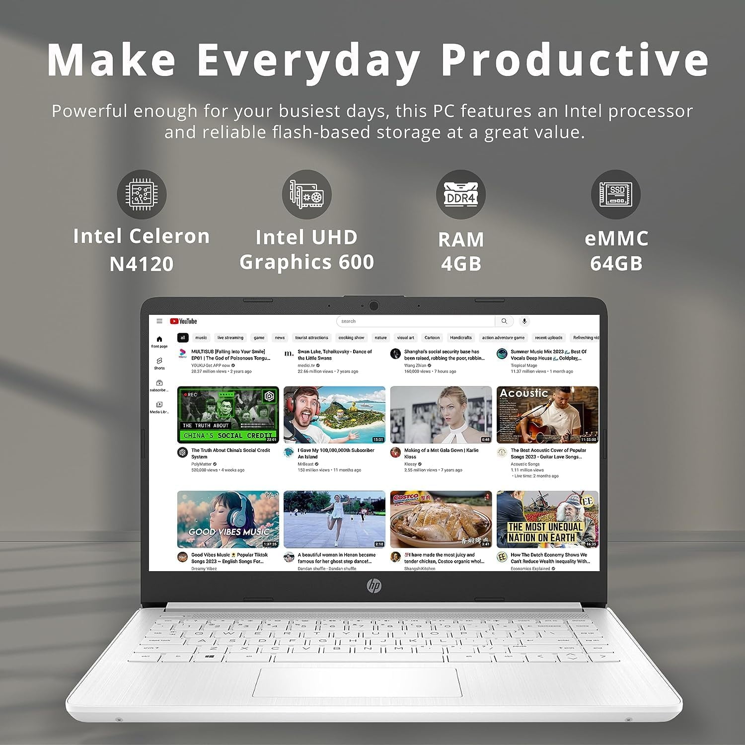 HP Premium 14" Stream HD Laptop, Intel Celeron N4120 Processor, 4GB RAM, 64GB eMMC, Webcam, Intel UHD Graphics, 1 Year Office, Bluetooth, WiFi, HDMI, Windows 11 S, 32GB Hotface USB Card