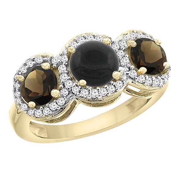 14K Yellow Gold Natural Black Onyx & Smoky Topaz Sides Round 3-stone Ring Diamond Accents, size 5
