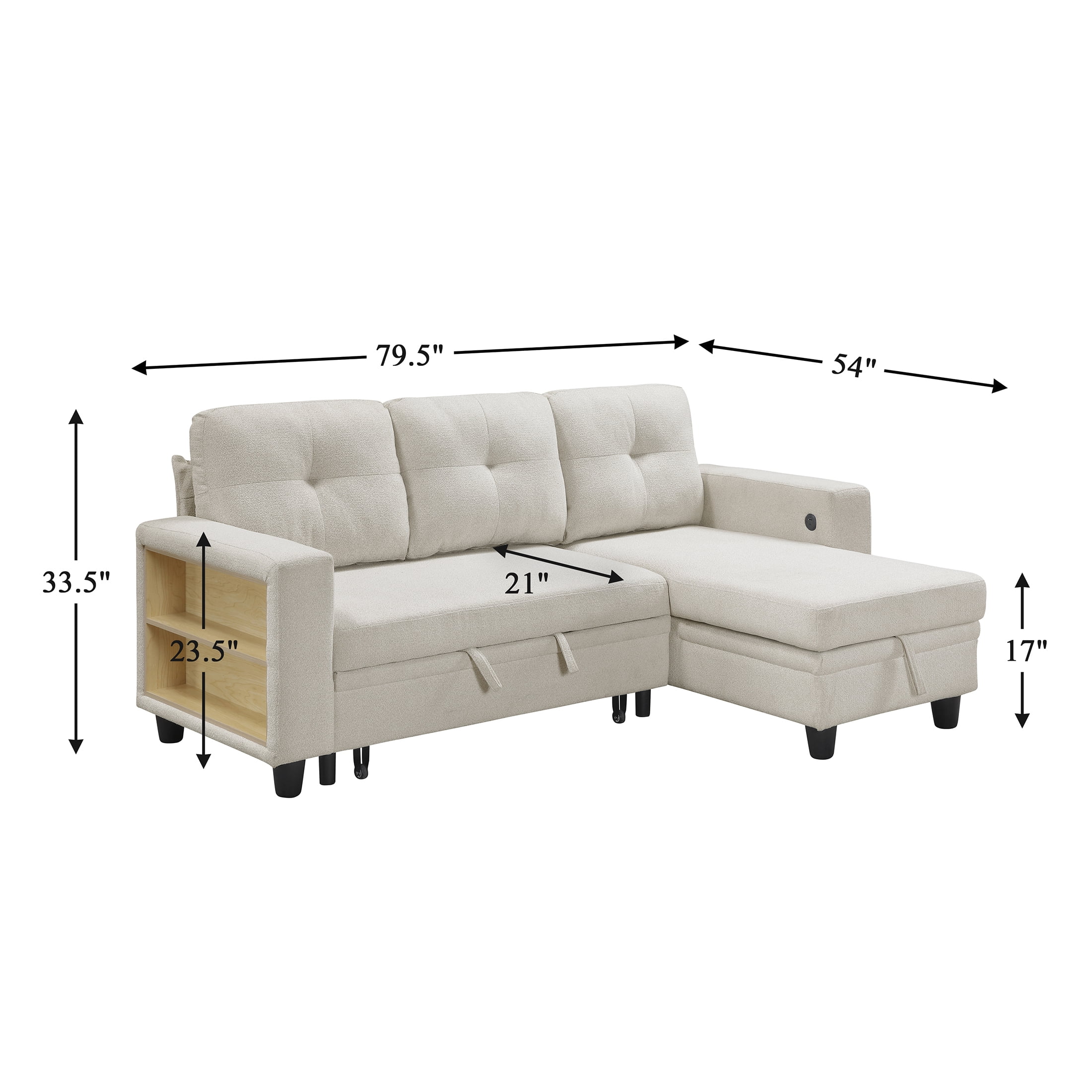 OakvillePark Vessarion Boucle Sectional with Reversible Chaise, Pull-out Bed, Shelves and Charging Ports, Beige