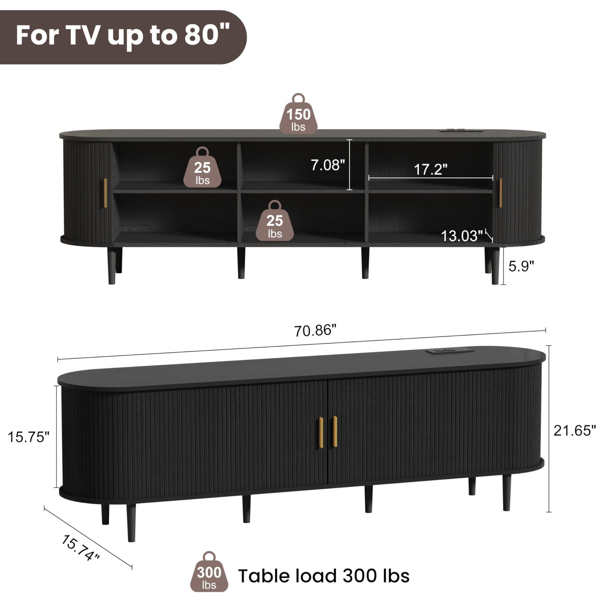 70.8 Inch Mid Century Modern TV Stand with Power Outlet, Fluted Media Console with Sliding Doors for TVs up to 80 Inch, Black
