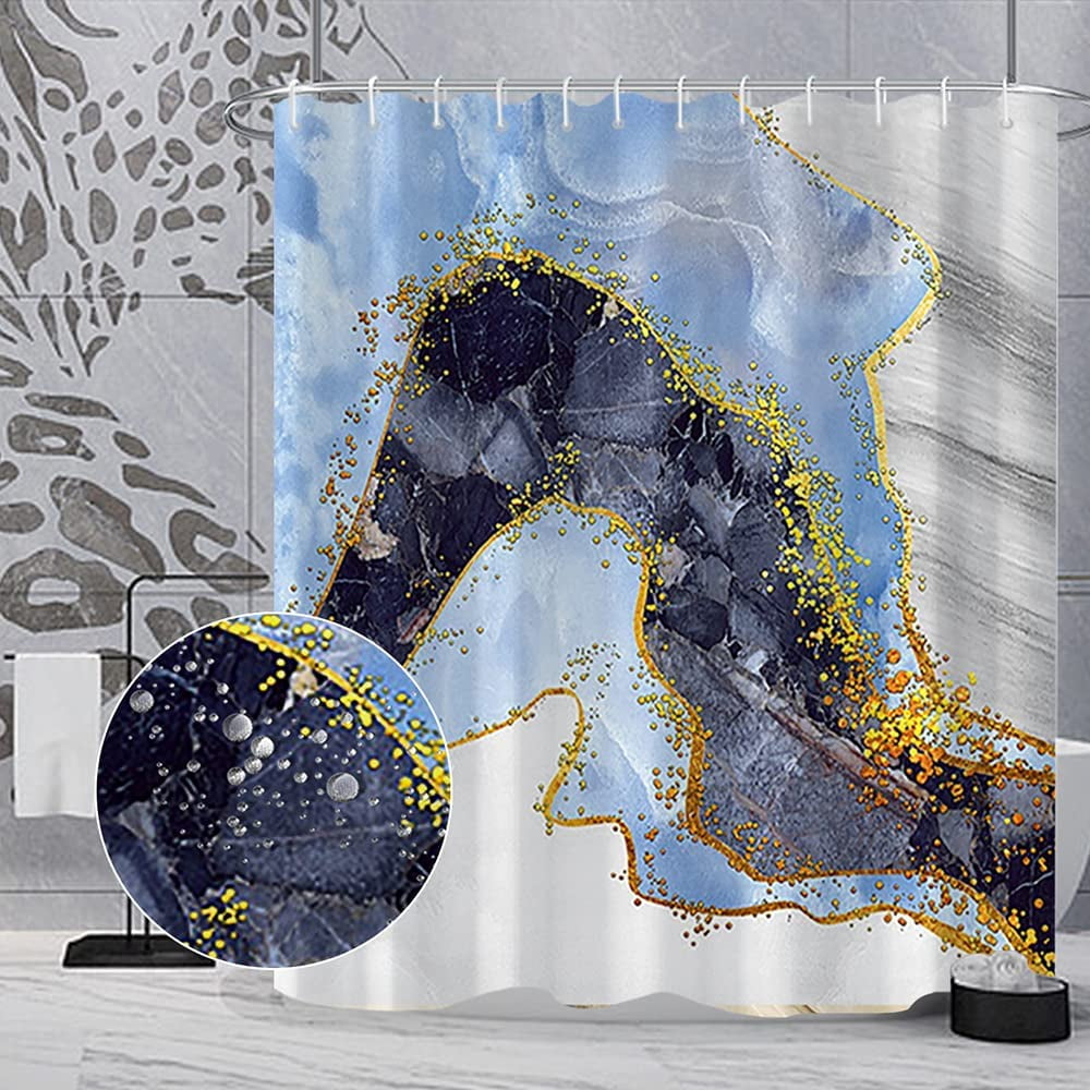 Marble Bathroom Shower Curtain Blue Black Gold Waterproof Fabric Shower Curtains with Hooks Watercolor Abstract Shower Curtains Cloth for Home Bath Decor 72x72 inches