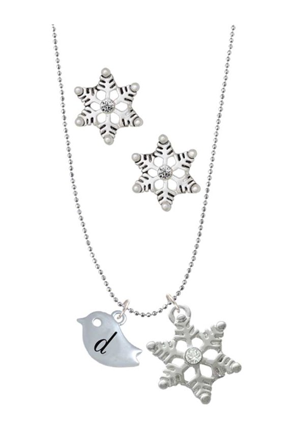 Silvertone Little Bird Initial - D - Silver tone Snowflake Charm Necklace and Stud Earrings
