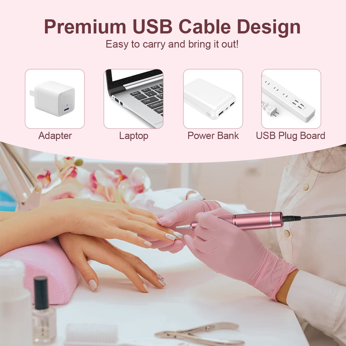 M MISS DREAM Rechargeable 35000 RPM Cordless 13-Piece Nail Drill with 12 Bits and Nano Glass File, Pink