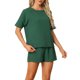 thumbnail image 4 of Conjuntos de salón Inspire Chic para mujeres, atuendos de gofre, camiseta con pantalones cortos, ropa de estar en casa, sudaderas jogger con bolsillos, M Verde Oscuro, 4 of 6