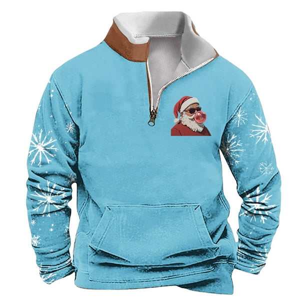 Sudadera sin capucha para hombre, de invierno, con cuello alto, cremallera, estampado navideño, jersey de manga larga, sudadera con capucha, blusa de poliéster para hombre