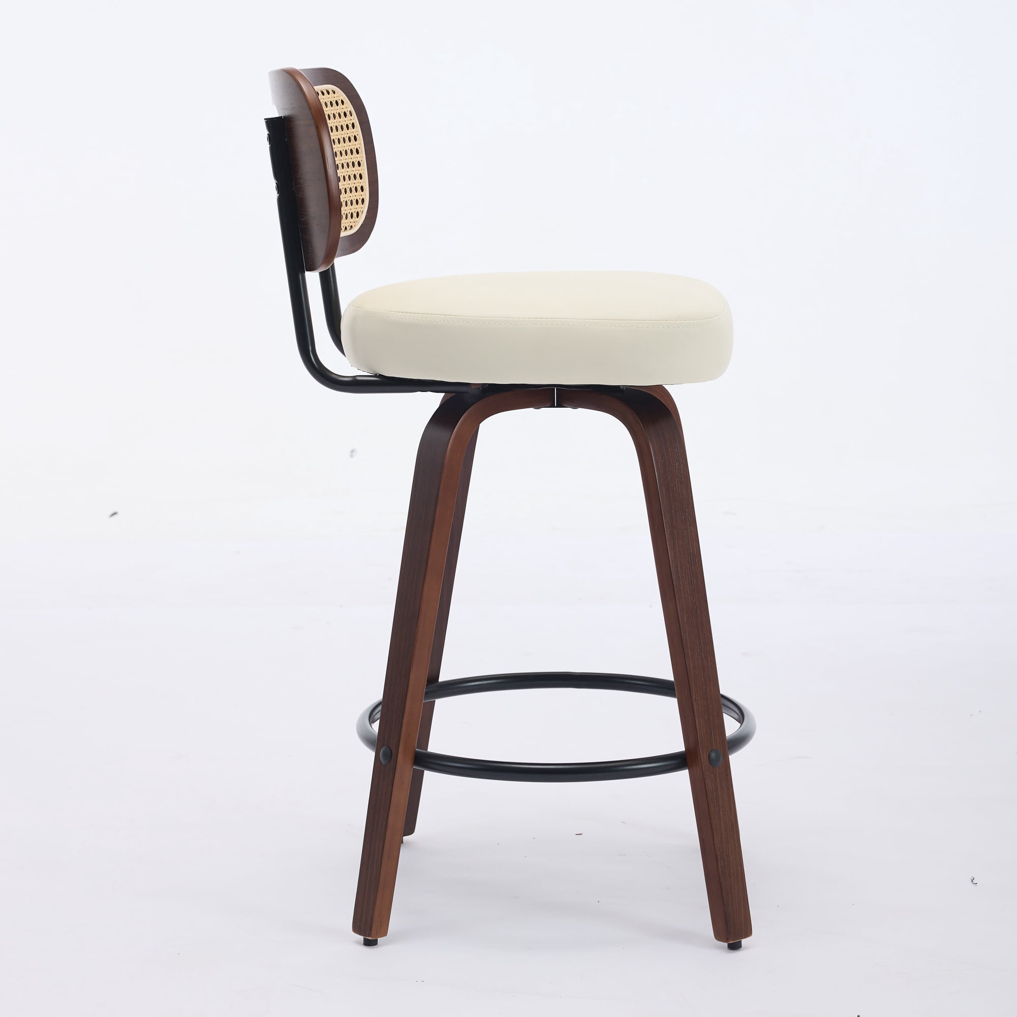 Oufan Swivel Bar Stools Set of 3, Wooden Counter Height Bar Chairs w/ Upholstered Seat & Rattan Backrest, Farmhouse Barstool for Kitchen Island,Cafe