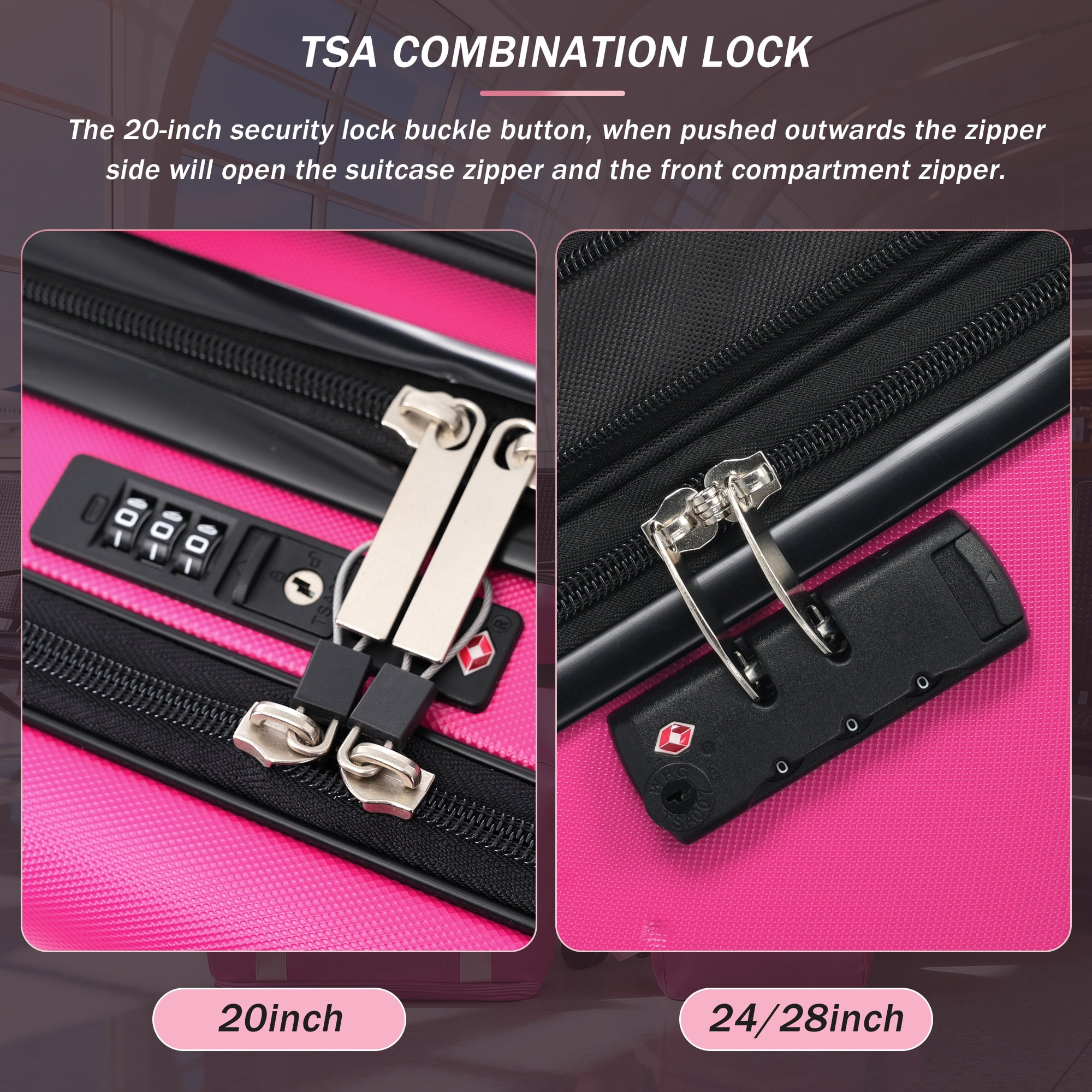 Euroco Luggage Sets 5 Piece, ABS Hardside Expandable Suitcase Set with TSA Lock Spinner Wheels and 2 Bags,20" Half-opening Carry on Luggage with USB Port for Travel,Pink(20"/24"/28")