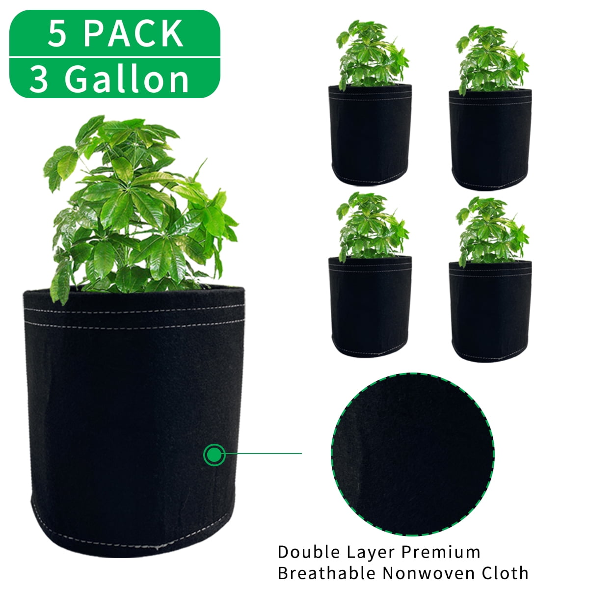 5Pack 3Gallon Grow Bags, Premium Fabric Container Planting for Vegetables/Flower,Thicken Garden