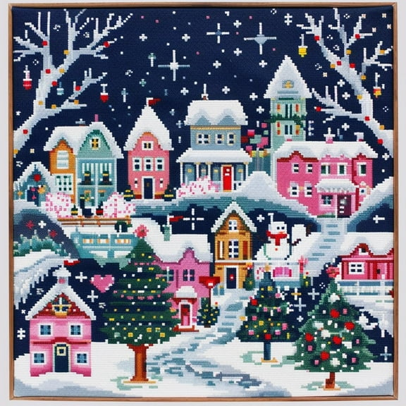 Christmas Town with Colorful House DIY 11CT Stamped Cross Stitch Kits for Beginners Easy Needlepoint Embroidery Counted Cross Stitch Art Craft for Wall Decoration 14x14inch(1)