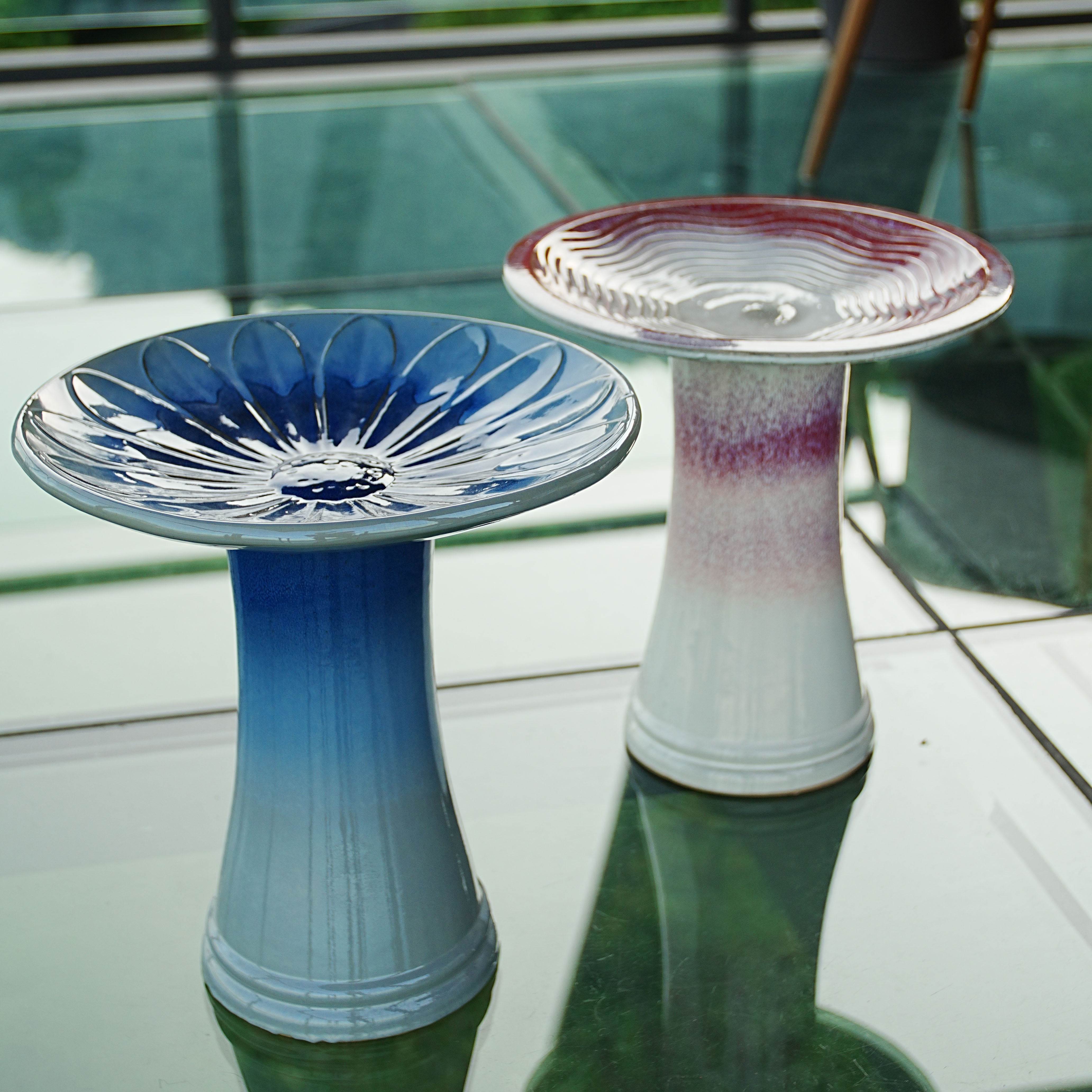 CQSXDA 17" Ceramic Pedestal Birdbath, Blue Gray Ombre Floral Pattern, Outdoor Garden Decor