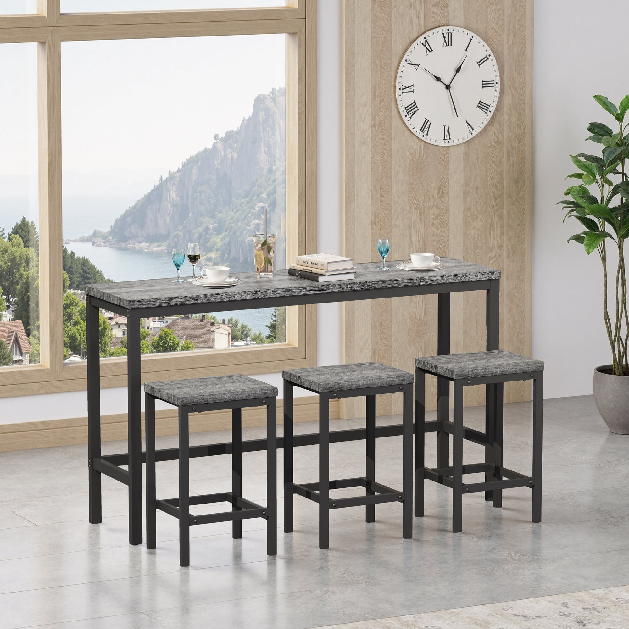 BSHTI 60.24" MDF Dining Room Table Set with Metal Frame, 3 Stools, Space-Saving Design for Kitchen Dining Room(Gray）