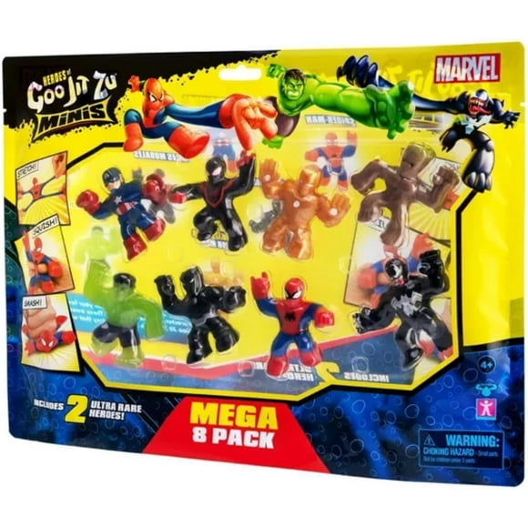 Goo Jit Zu Marvel Minis Stretchable Superheroes 8 Pack - Includes Captain America, Hulk, Spider-Man, Venom, Groot, Miles Morales, Black Panther - Perfect for Collectors and Marvel Fans