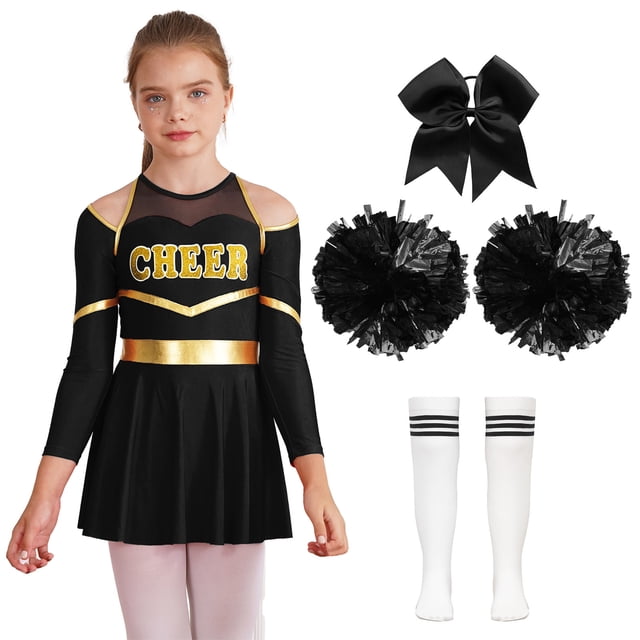 Vxuxlje Robe de Danse Imprimée à Manches Longues pour Filles Enfants avec Pompons Bas Attache-Cheveux Halloween Performance Compétition A Blanc&Noir 12