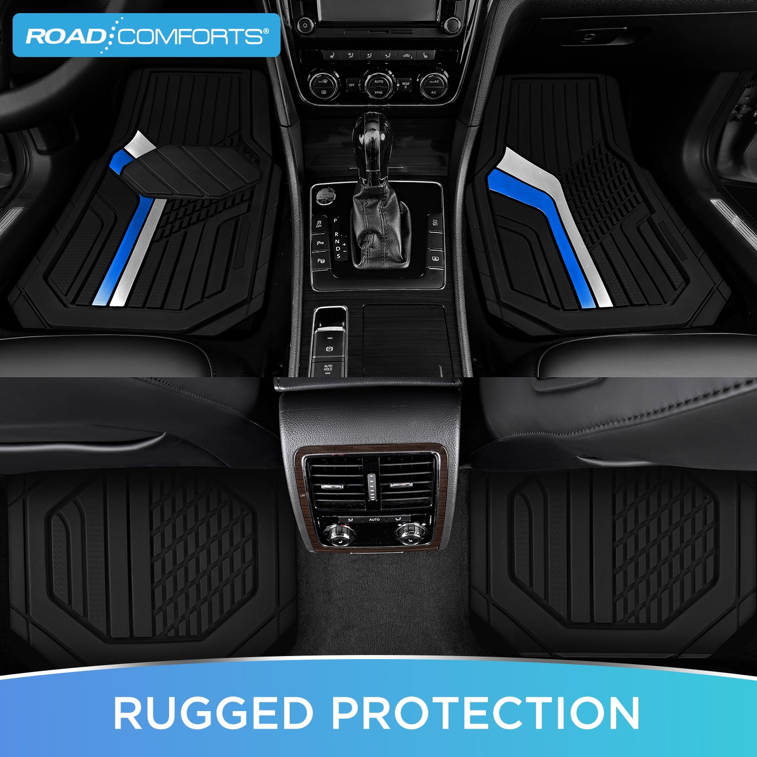 Road Comforts Car Floor Mats,Heavy-Duty Rubber Car Floor Mats,Sports Style Car Floor Mats,Non-Slip,Front,Universal Fit,Blue&Sliver