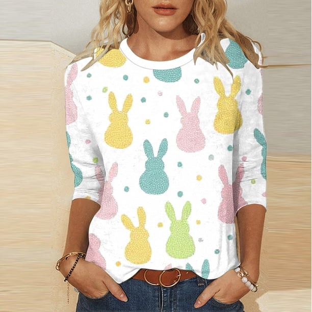 TaTaai Women's Casual Pullover T-Shirt Round Neck 3/4 Sleeve Easter Print Loose Fit Holiday Spring Festival Theme Everyday Wear Gift