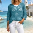 thumbnail image 2 of CaComMARK PI Crochet Tops for Women 3/4 Length Sleeve V-Neck Hollow Out Knit Sweater Shirt Summer Lightweight Beach Cover Ups Blue, 2 of 5
