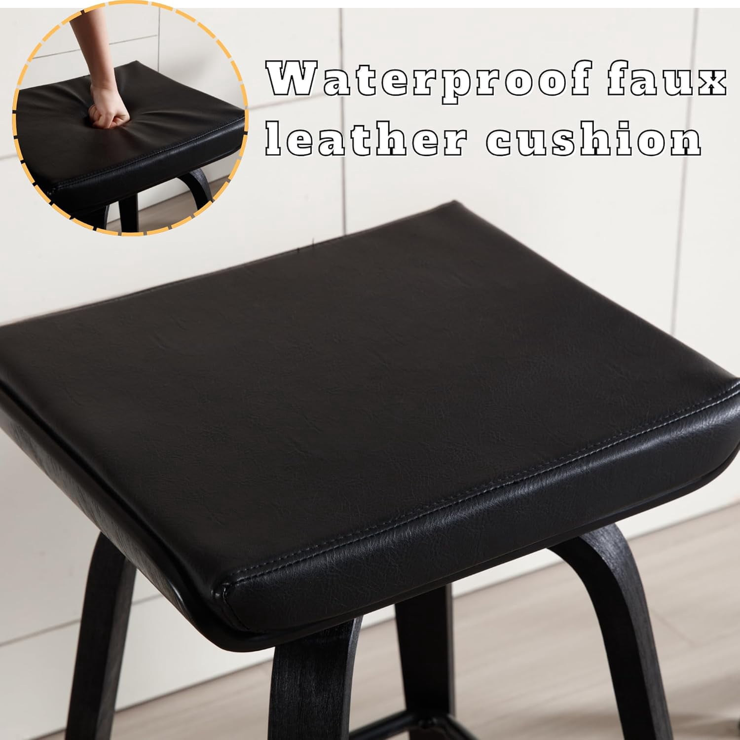 Guyou 26” Swivel Counter Height Bar Stools Without backrest, Upholstered Farmhouse Bar Stools with Footrest for Kitchen Island, Black-PU Leather(Set of 4)