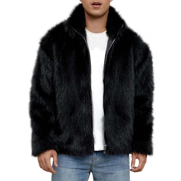 Lovzfmll Men's Faux Fur Coat Plush Pile Lining Notched Lapel Long Sleeve Black, XL