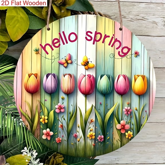 HELLOYOUNG Spring Wood Sign Hanging Decor, 2D Tulips Butterflies Flat Pendant for Front Door Wall Art, Rustic Home Wooden Decoration