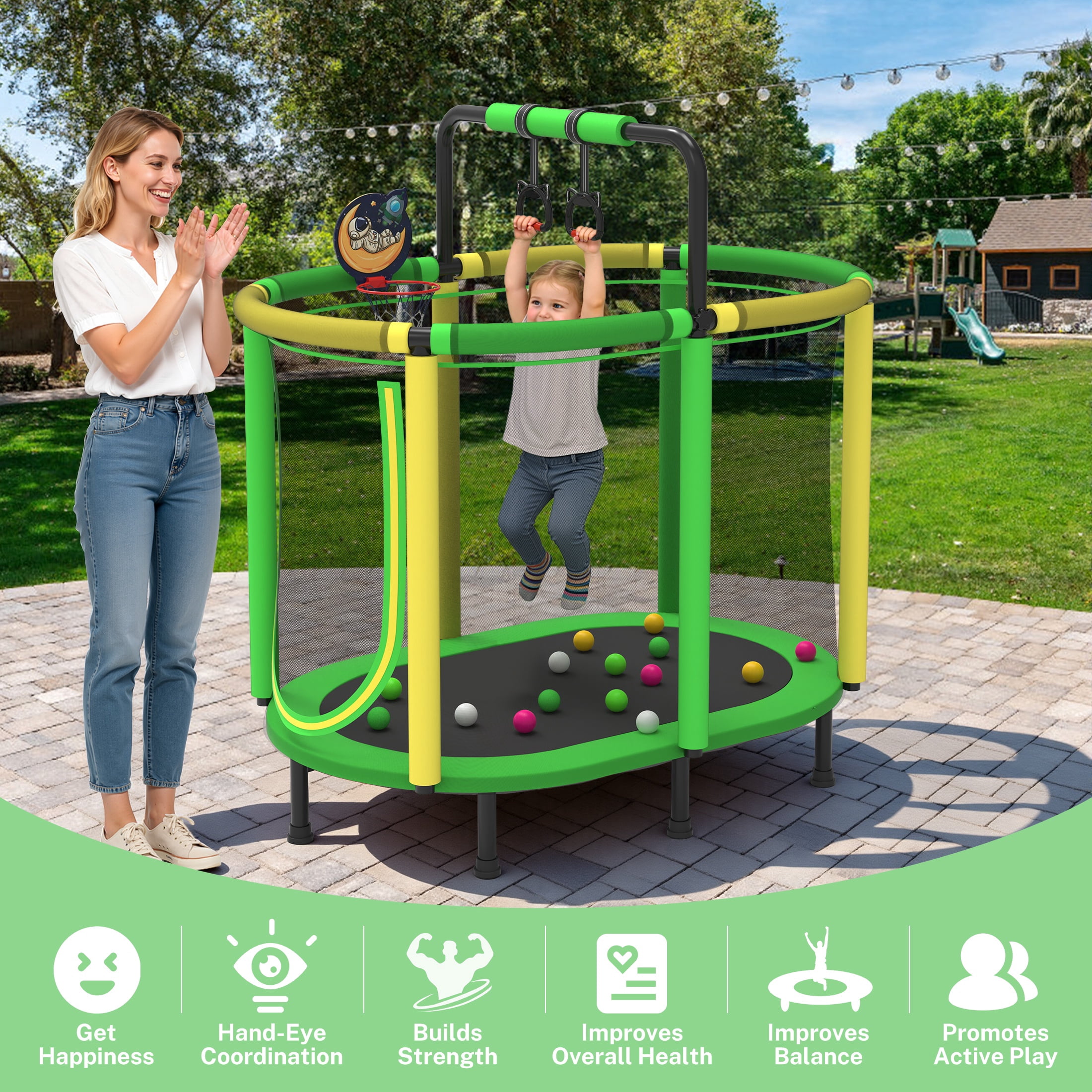 60" Toddler Trampoline with Enclosure Net, Kids Trampoline with Basketball Hoop, SHINPT Indoor Trampoline for Kids, Small Trampoline with Ocean Balls, Mini Trampoline with Rings, Gift for Boys Girls