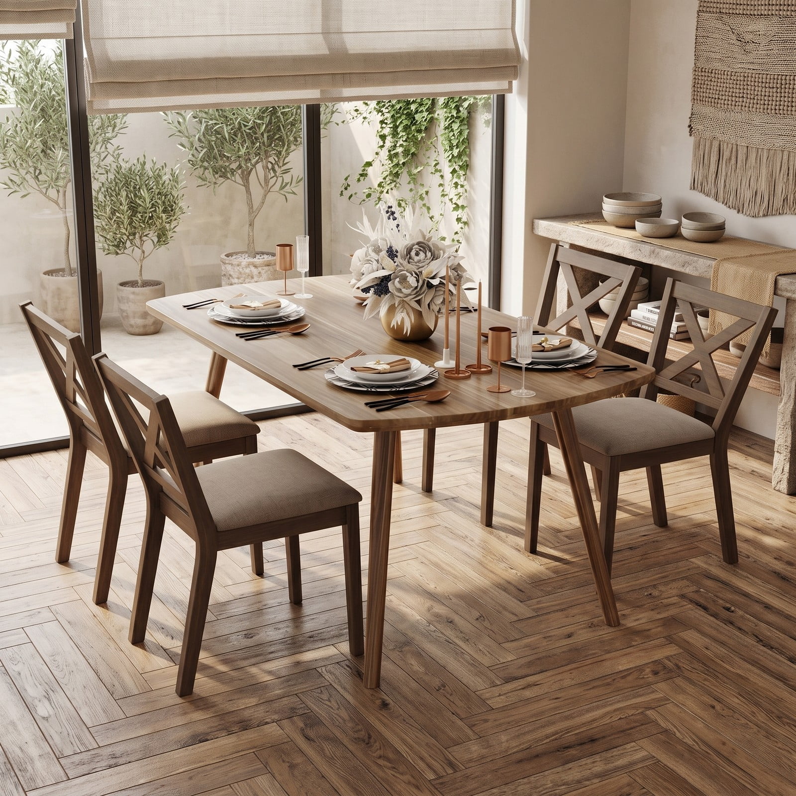 Furnibear Dining Chair Set of 2, Modern Farmhouse Kitchen Chairs with Upholstered Linen Seat, X-Shaped Backrest and Rubber Wood Legs, 400 lb Capacity Side, Brown