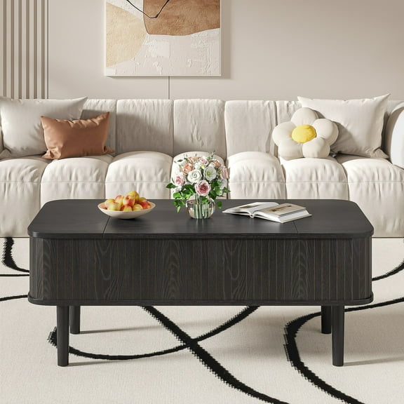 Lift Top Coffee Table for Living Room, Modern Fluted Center Tables with Hidden Compartment, Rectangular Coffee Table, Black