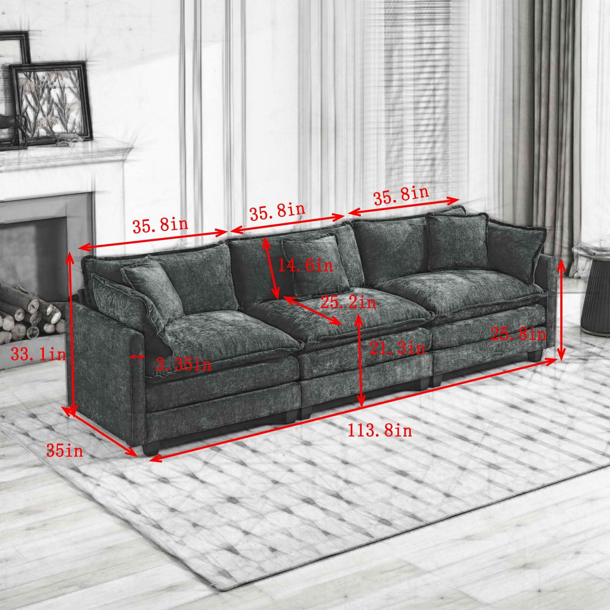 MAYEERTY 113.8 Inch Cloud 3‑Seater Modular Sectional Sofa, Chenille Couch with Double‑Layer Seat Cushion for Home Apartment, Ottoman Not Included