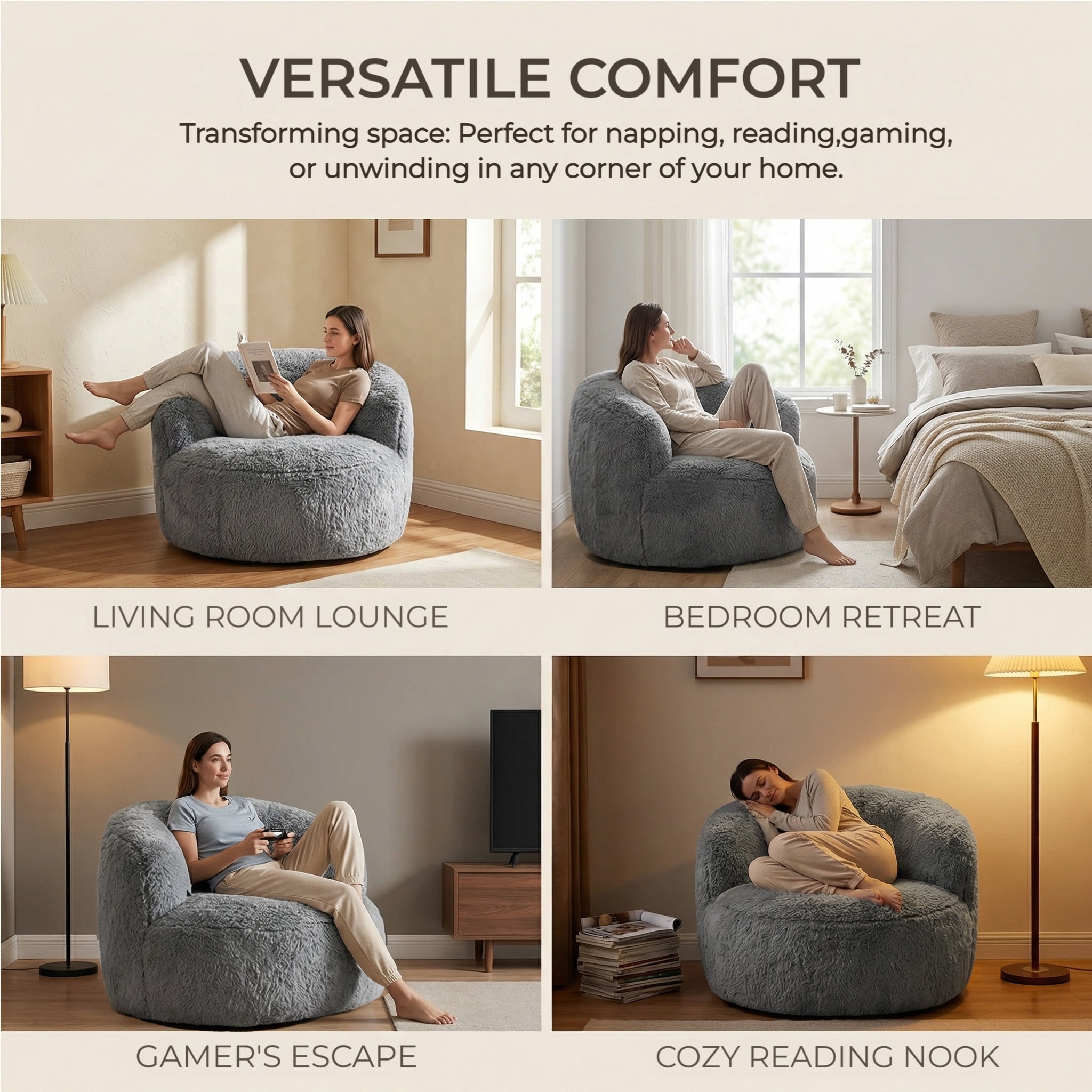 Fulsmile Bean Bag Chair Large Plush Chairs for Adults Giant Beanbag Chair Bean Bag Sofa with Stuffed Memory Foam Oversized Bean Lounger Chair for Reading Gaming Relaxing, Grey