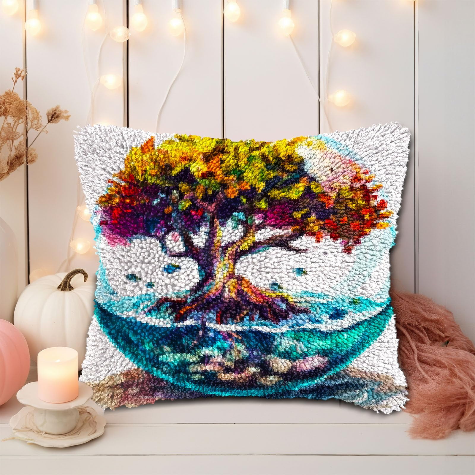 Colorful Tree in Glass Water DIY Latch Hook Pillow Kits for Adults Printed Pillowcase Crochet Yarns Hooking Handmade Pillow Cover Cushion for Home Sofa Decoration 17x17inch(5)
