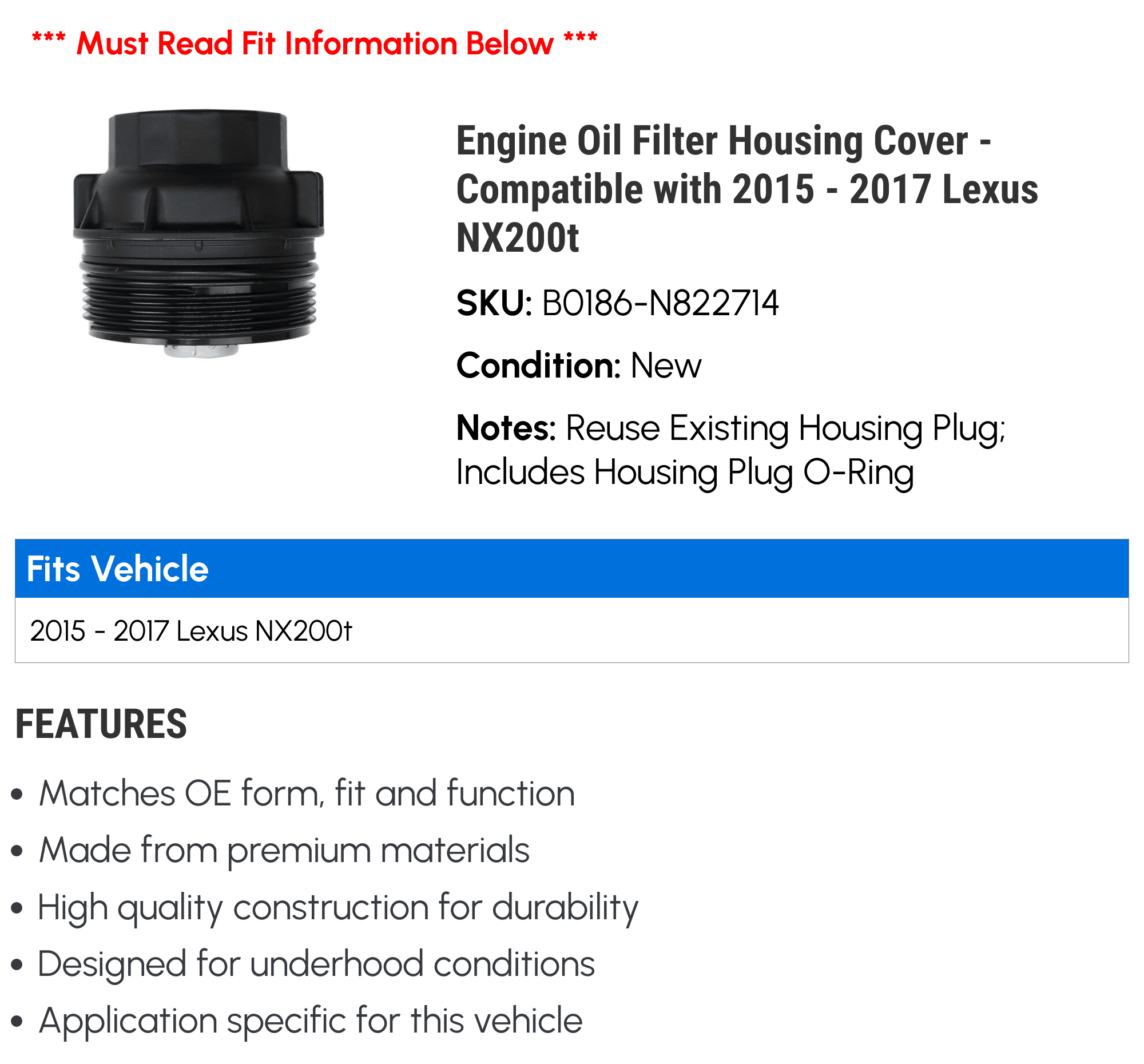Engine Oil Filter Housing Cover - Compatible with 2015 - 2017 NX200t 2016