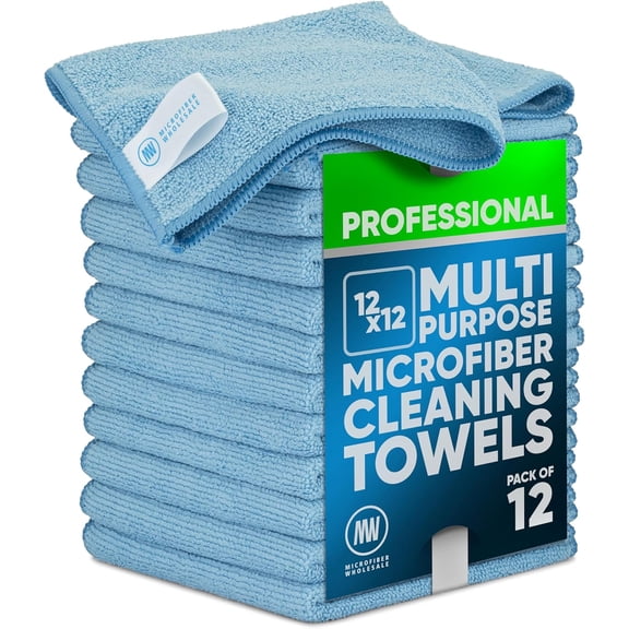 MW PRO Microfiber Cleaning Cloths Blue (12 Pack, 12x12) - Commercial Janitorial Towels & Lint Free Rags - Heavy Duty for Auto Detailing, Glass Windows, Housekeeping & Screens - Washable 300  Times
