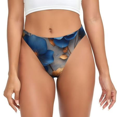 Rateoe Elegant Blue Gold Blooms Pattern Seamless Women Underwear Thongs No Show Ladies Thong No Line Breathable Comfortable Panties Undies for Women-Large