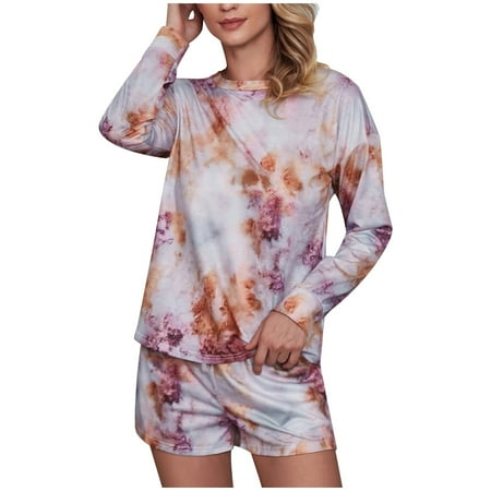 

Besolor Women s Casual 2 Piece Outfits Printed Crew Neck Long Sleeve Tops and Shorts Matching Sets Loungewear Pajamas