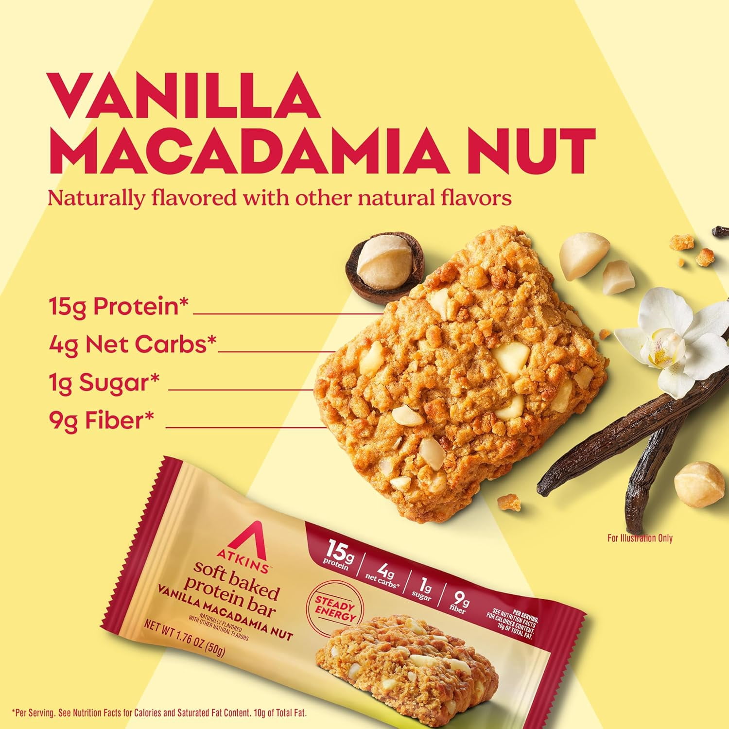 Atkins Soft Baked High Protein Bar, Vanilla Macadamia Nut Flavored, 15g of Protein, Keto Snack, High Fiber, Low Sugar Protein Bars, 4 Count