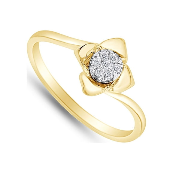 AFFY Round Cut Natural White Diamond Accent Flower Petal Promise Ring For Women In 14K Yellow Gold Plated 925 Sterling Silver (0.05 Cttw, I2-I3 Clarity), Ring Size -10