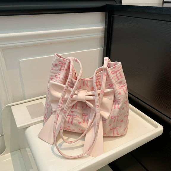 Honmine Bow Purse Corduroy Bow Tote Bag Cute Shoulder Bag with Bowknot Heart Printed Handbag Trendy Gift for Women