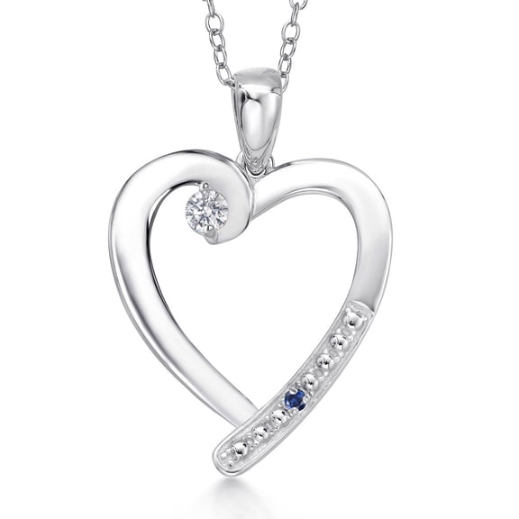 Gem Stone King 925 Sterling Silver Lab Grown Diamond and Blue Created Sapphire Heart Pendant Necklace for Women | 0.19 Cttw | Gemstone April Birthstone | Round 3.5MM | With 18 inch Chain