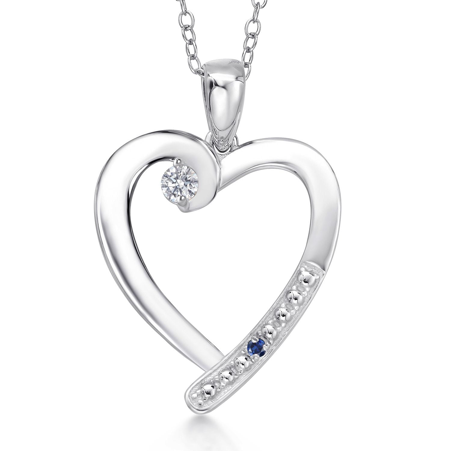 Gem Stone King 925 Sterling Silver Lab Grown Diamond and Blue Created Sapphire Heart Pendant Necklace for Women | 0.19 Cttw | Gemstone April Birthstone | Round 3.5MM | With 18 inch Chain