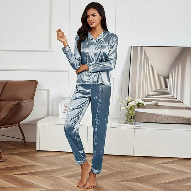 Conjunto de pijama de saten de seda para Mujer camisa de manga larga con pantalon ropa de dormir trajes de dormir para Mujer primavera y otono Bodega Aurrera en linea
