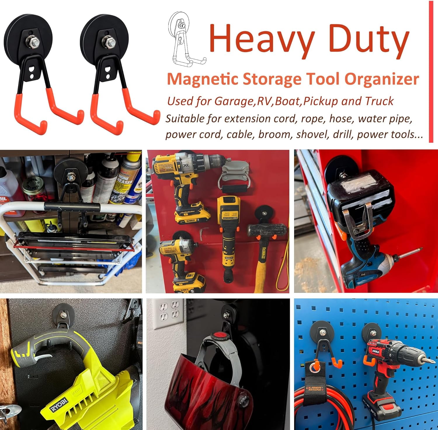 Heavy Duty Magnetic Garage Hooks,4 Pack Strong Large Magnet Hooks for Power Drill,Garden Tools,Hose,Pegboard,Garage, Workshop,Magnetic Storage Hooks for Indoor Outdoor Hanging(Orange)