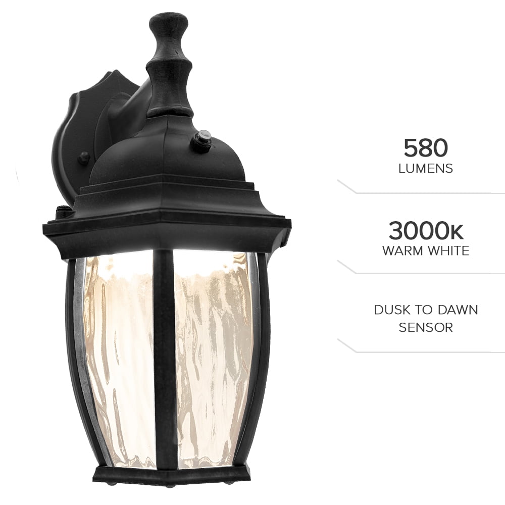 Maxxima LED Outdoor Wall Light, Black w/ Clear Water Glass, Photocell Sensor, 580 Lumens