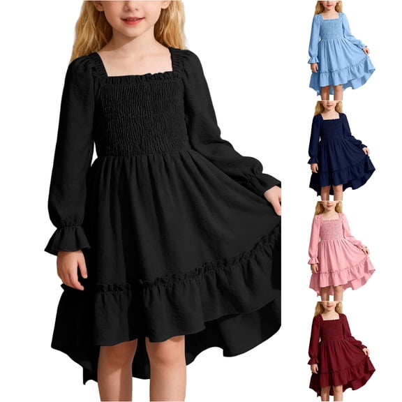 Vividxx Girls Dresses Square Neck Ruffled Hem Elegant Boho Party Dress for Kids Cute Midi Casual Dress 13-14 Years