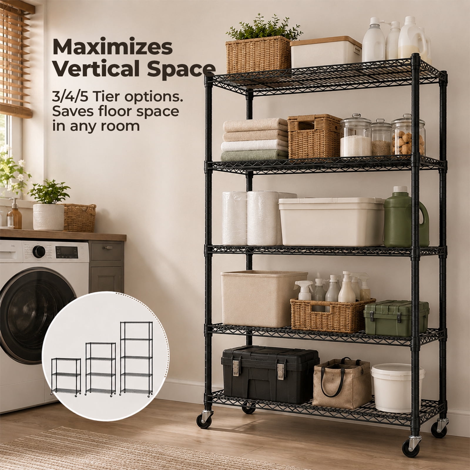 Alvantor 3/4/5 Tier Heavy Duty Adjustable Metal Shelf with Wheels, No-Tool Assembly, Suitable for Garages, Kitchens, Storage Rooms, Laundry Rooms and Offices
