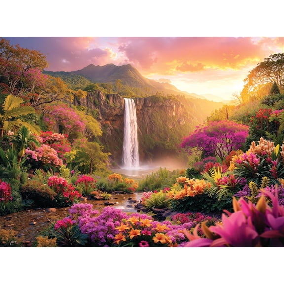 Hawaiian Waterfall Puzzles for Adults 1000 Pieces, Impossible Hard Difficult Challenging Puzzles for Adults, Colorful Tropical Flowers and Peaceful Waterfall Sunset - Jigsaw Puzzle 1000 Piece 20x27